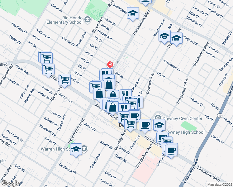 map of restaurants, bars, coffee shops, grocery stores, and more near 8137 3rd Street in Downey