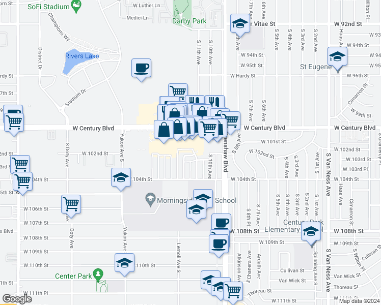 map of restaurants, bars, coffee shops, grocery stores, and more near 10201 Woodworth Avenue in Inglewood