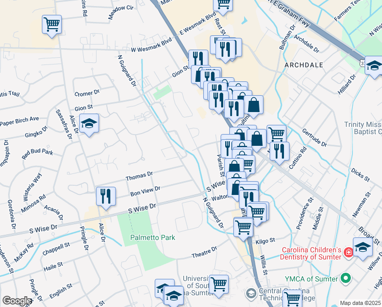 map of restaurants, bars, coffee shops, grocery stores, and more near 1887 Coral Way in Sumter