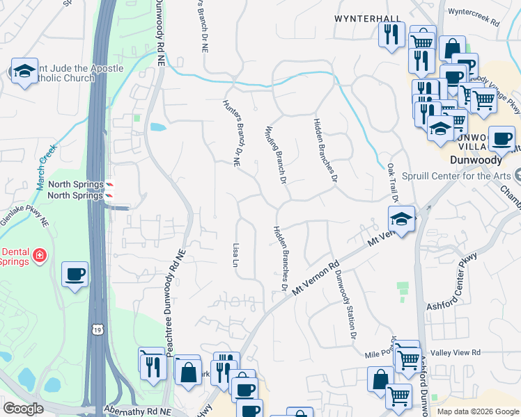 map of restaurants, bars, coffee shops, grocery stores, and more near 6930 Hunters Branch Drive Northeast in Atlanta