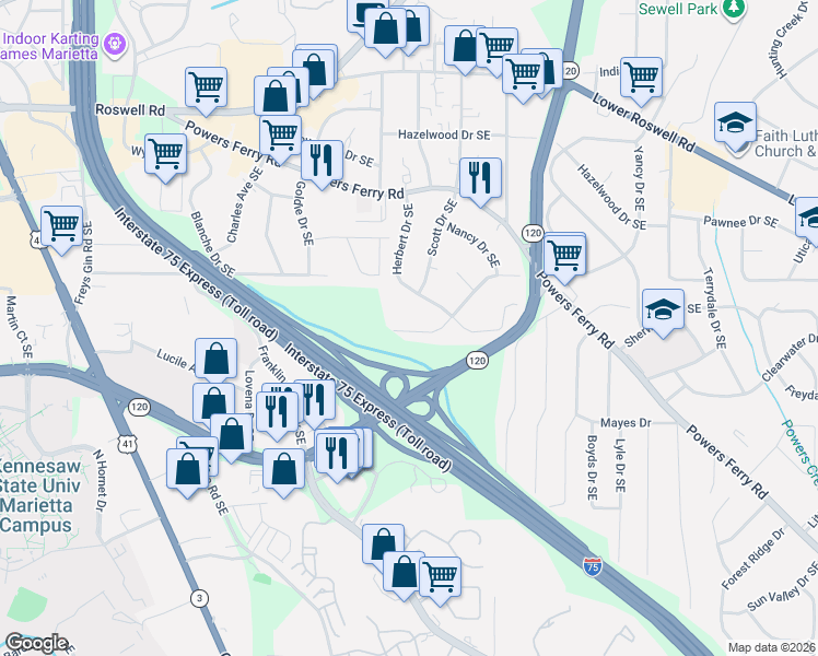 map of restaurants, bars, coffee shops, grocery stores, and more near 1680 Crestridge Drive Southeast in Marietta