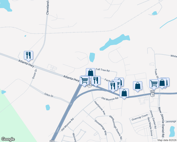 map of restaurants, bars, coffee shops, grocery stores, and more near 109 Tall Tree Road in Bogart