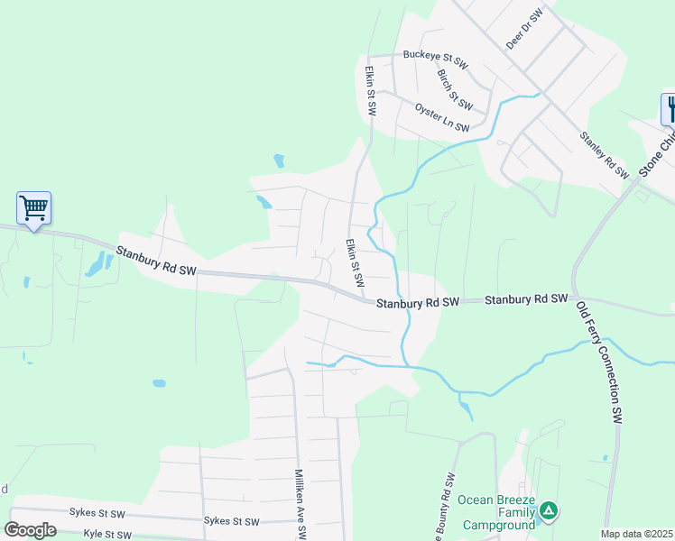 map of restaurants, bars, coffee shops, grocery stores, and more near 2561 Elkin Street Southwest in Supply
