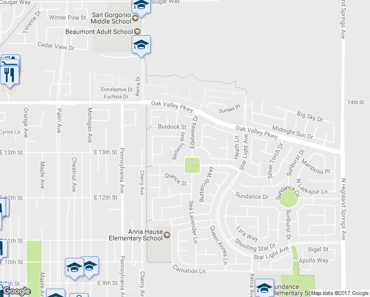 map of restaurants, bars, coffee shops, grocery stores, and more near 1334 Barbetty Way in Beaumont