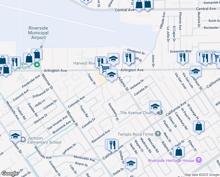 map of restaurants, bars, coffee shops, grocery stores, and more near 8398 Colorado Avenue in Riverside