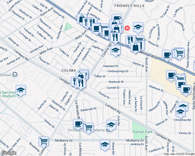 map of restaurants, bars, coffee shops, grocery stores, and more near 10119 Memphis Avenue in Whittier
