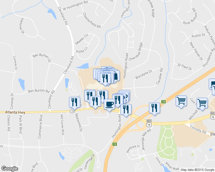 map of restaurants, bars, coffee shops, grocery stores, and more near 3700 Atlanta Highway in Bogart
