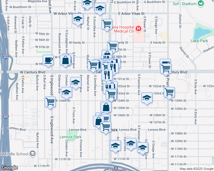 map of restaurants, bars, coffee shops, grocery stores, and more near 10223 Hawthorne Boulevard in Inglewood
