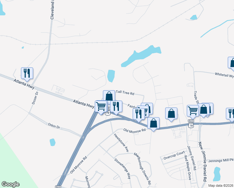 map of restaurants, bars, coffee shops, grocery stores, and more near 220 Tall Tree Road in Bogart