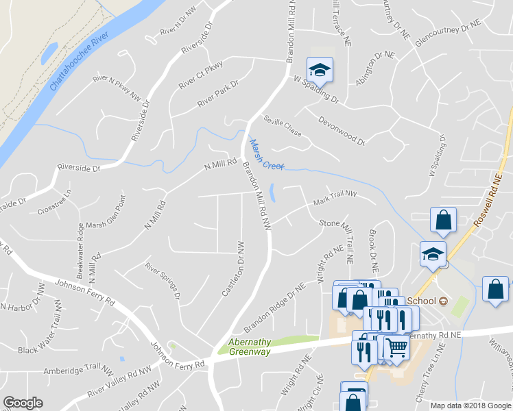 map of restaurants, bars, coffee shops, grocery stores, and more near 6910 Brandon Mill Road Northwest in Atlanta