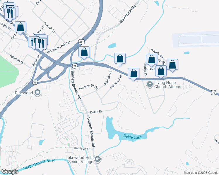 map of restaurants, bars, coffee shops, grocery stores, and more near 175 Johnson Drive in Athens
