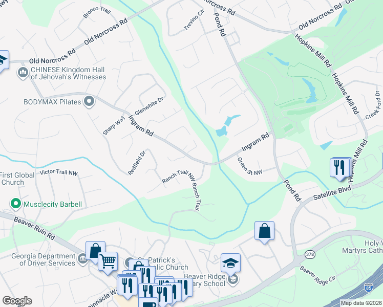 map of restaurants, bars, coffee shops, grocery stores, and more near 4900 Raquet Court in Duluth