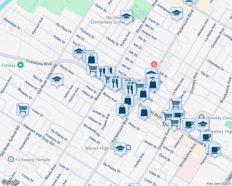 map of restaurants, bars, coffee shops, grocery stores, and more near 7840 Firestone Boulevard in Downey