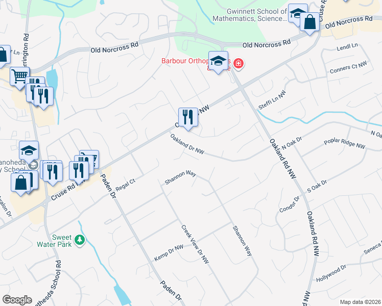 map of restaurants, bars, coffee shops, grocery stores, and more near 811 Oakland Falls Court in Lawrenceville
