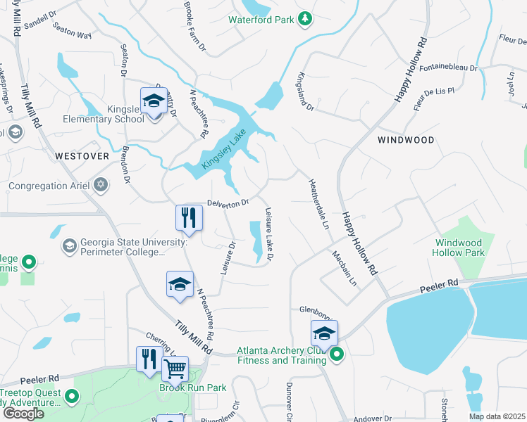 map of restaurants, bars, coffee shops, grocery stores, and more near 2420 Leisure Lake Drive in Dunwoody