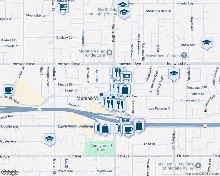 map of restaurants, bars, coffee shops, grocery stores, and more near 12176 Carnation Lane in Moreno Valley
