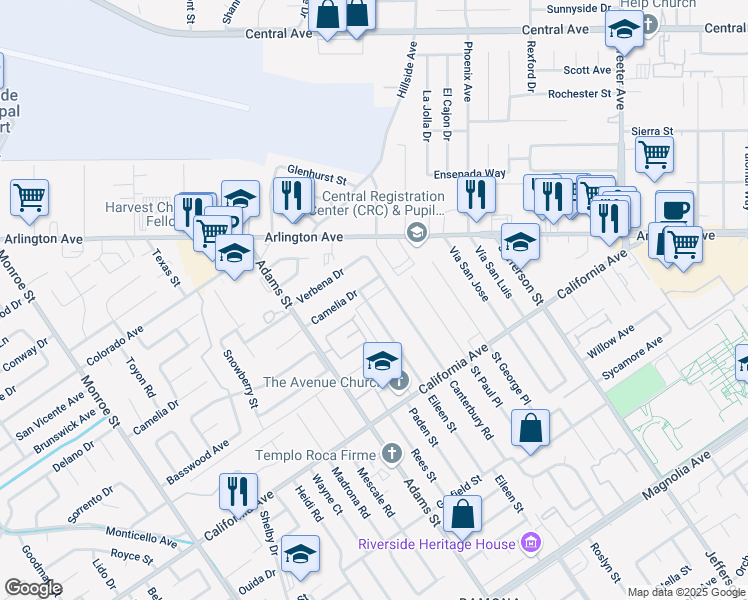 map of restaurants, bars, coffee shops, grocery stores, and more near 4395 Eileen Street in Riverside