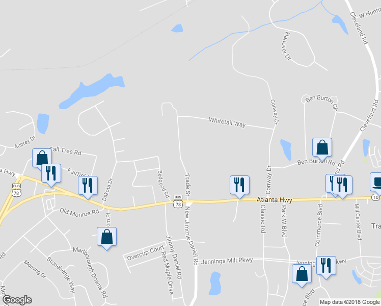 map of restaurants, bars, coffee shops, grocery stores, and more near 140 Trade Street in Bogart