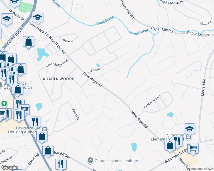 map of restaurants, bars, coffee shops, grocery stores, and more near 508 New Hope Road in Lawrenceville