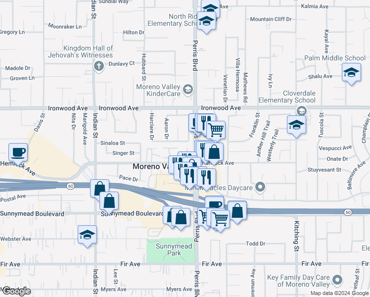 map of restaurants, bars, coffee shops, grocery stores, and more near in Moreno Valley