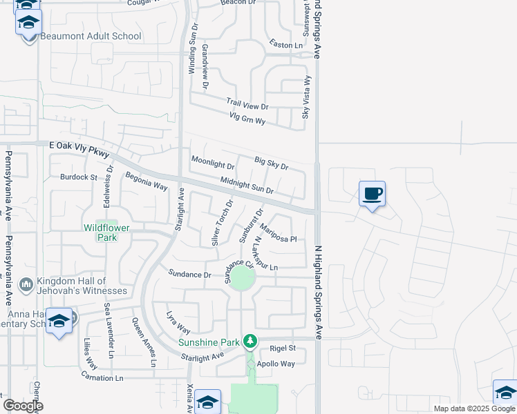 map of restaurants, bars, coffee shops, grocery stores, and more near 1371 Sunburst Drive in Beaumont