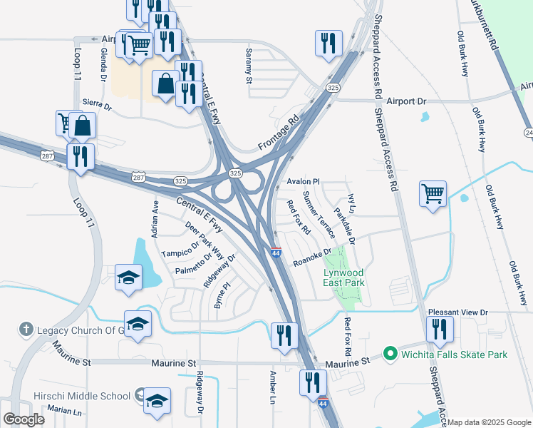 map of restaurants, bars, coffee shops, grocery stores, and more near Interstate 44 in Wichita Falls