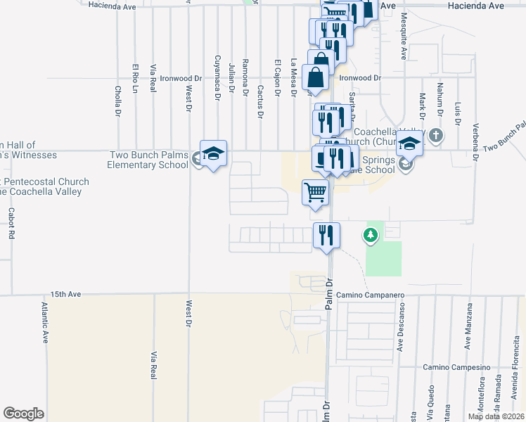 map of restaurants, bars, coffee shops, grocery stores, and more near 66310 South Agua Dulce Drive in Desert Hot Springs
