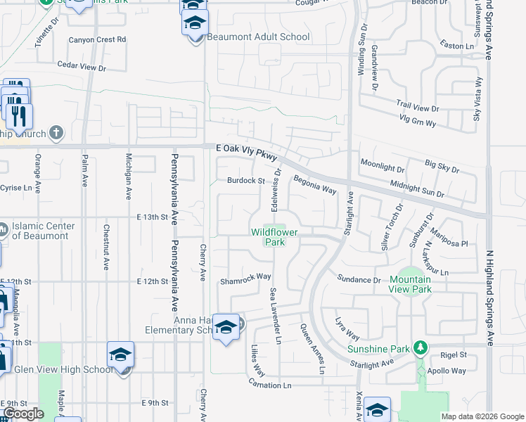 map of restaurants, bars, coffee shops, grocery stores, and more near 1334 Barbetty Way in Beaumont