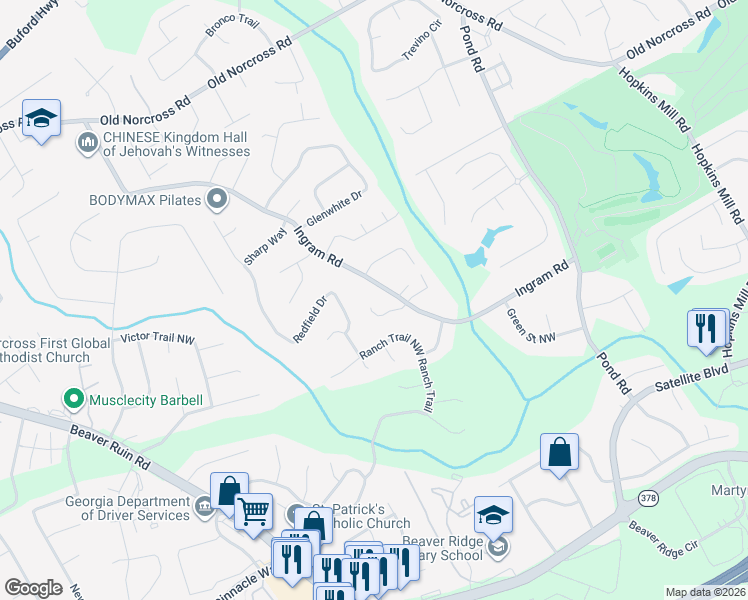 map of restaurants, bars, coffee shops, grocery stores, and more near 4985 Raquet Court in Duluth