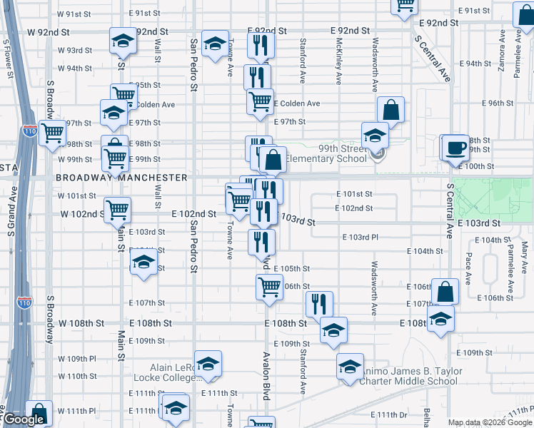 map of restaurants, bars, coffee shops, grocery stores, and more near S Avalon Blvd & E 103rd St in Los Angeles