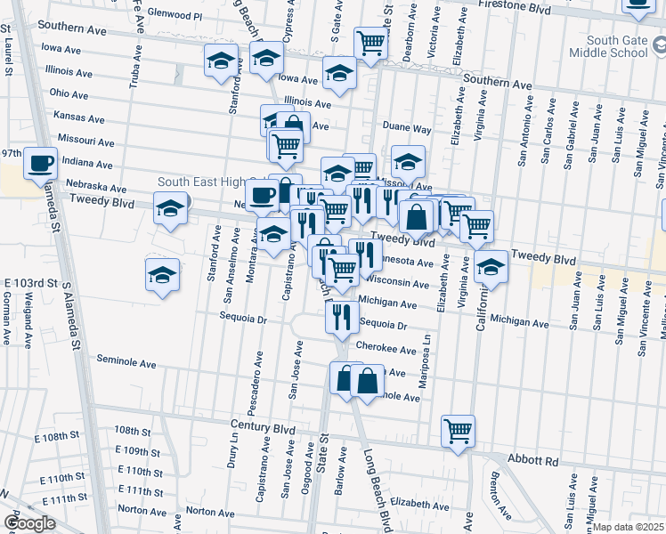 map of restaurants, bars, coffee shops, grocery stores, and more near 10112 Long Beach Boulevard in Lynwood