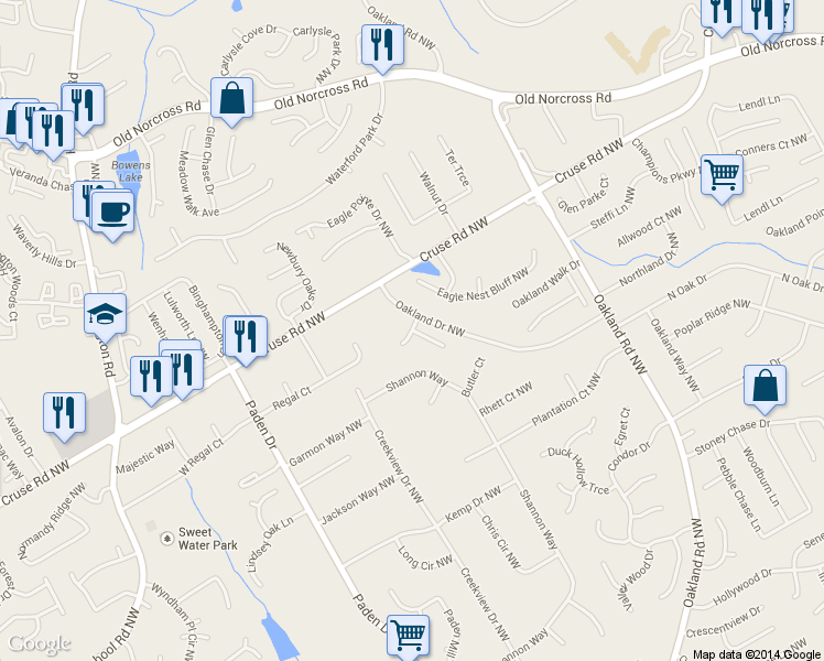 map of restaurants, bars, coffee shops, grocery stores, and more near Oakland Falls Court in Lawrenceville