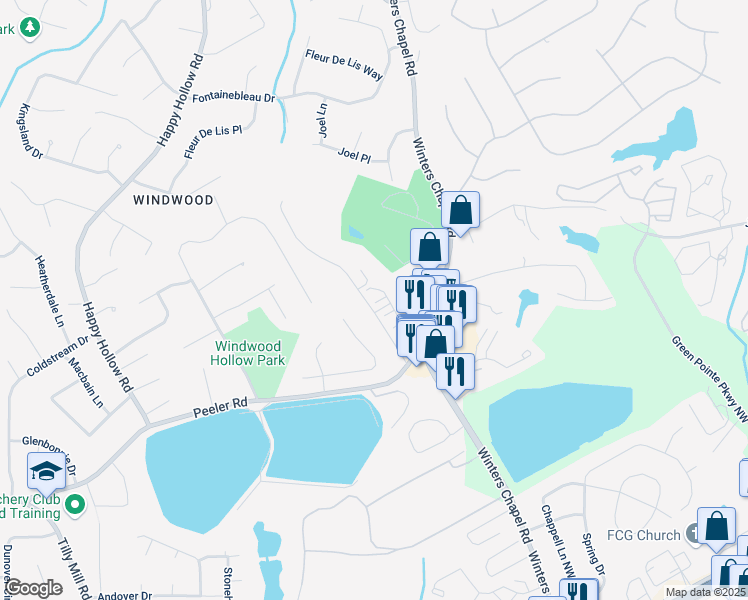 map of restaurants, bars, coffee shops, grocery stores, and more near 3108 Garrard Place in Dunwoody