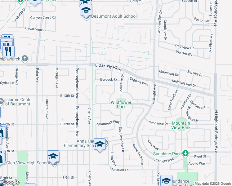 map of restaurants, bars, coffee shops, grocery stores, and more near 1334 Barbetty Way in Beaumont