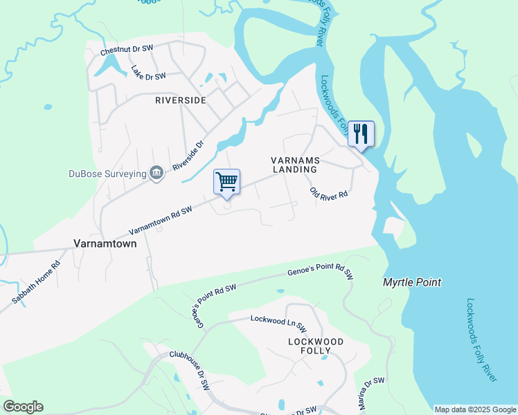 map of restaurants, bars, coffee shops, grocery stores, and more near 3250 Galloway Road in Varnamtown