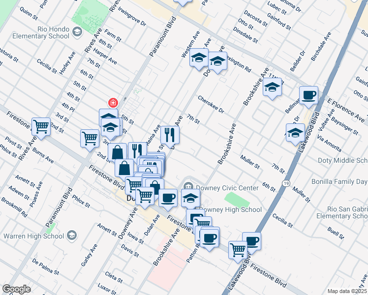 map of restaurants, bars, coffee shops, grocery stores, and more near 8333 5th Street in Downey