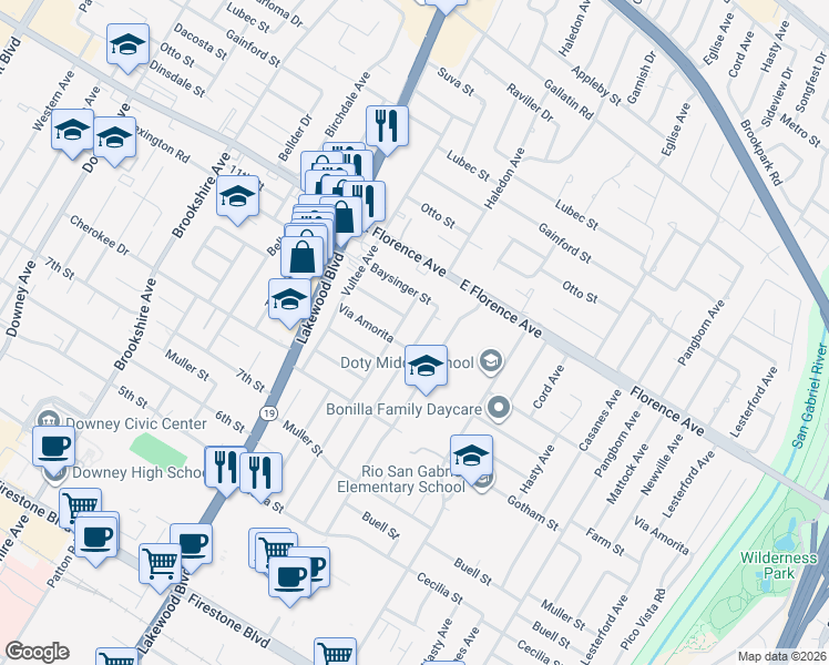 map of restaurants, bars, coffee shops, grocery stores, and more near 10307 Haledon Avenue in Downey