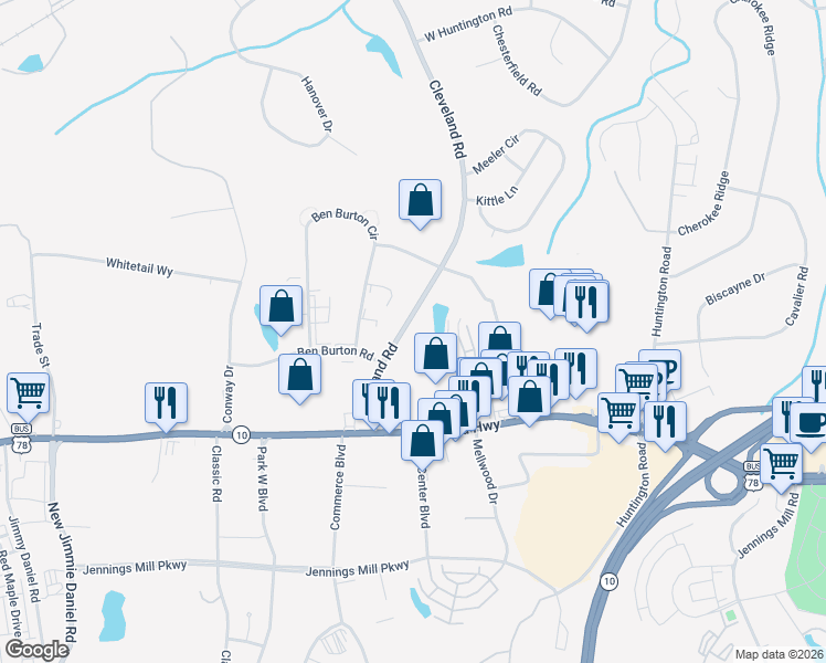 map of restaurants, bars, coffee shops, grocery stores, and more near 250 Cleveland Road in Bogart
