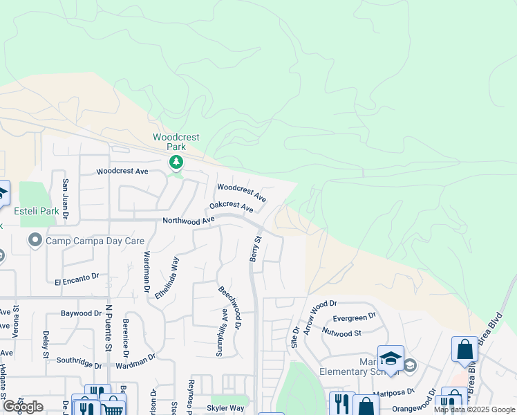 map of restaurants, bars, coffee shops, grocery stores, and more near 705 Oakcrest Avenue in Brea