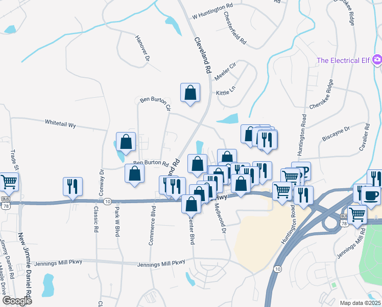 map of restaurants, bars, coffee shops, grocery stores, and more near 250 Cleveland Road in Bogart