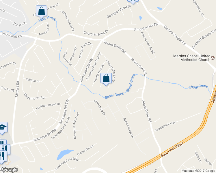 map of restaurants, bars, coffee shops, grocery stores, and more near 736 Sunset Ridge Lane Southeast in Lawrenceville
