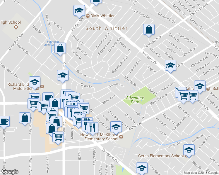 map of restaurants, bars, coffee shops, grocery stores, and more near 13649 Reis Street in Whittier