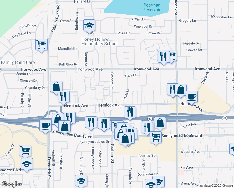 map of restaurants, bars, coffee shops, grocery stores, and more near 23535 Ben Mar Street in Moreno Valley