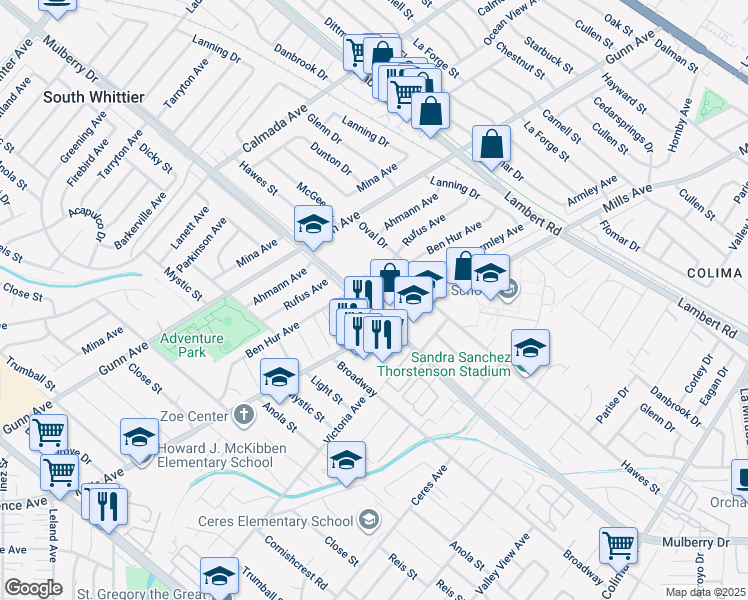 map of restaurants, bars, coffee shops, grocery stores, and more near 9 Dicky Street in Whittier