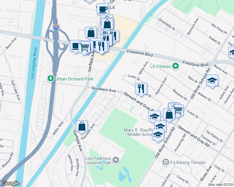 map of restaurants, bars, coffee shops, grocery stores, and more near 9534 Karmont Avenue in South Gate