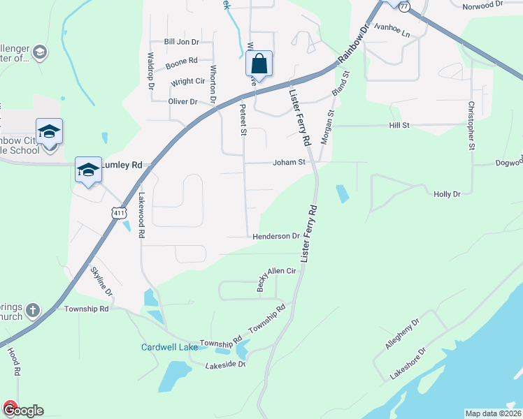 map of restaurants, bars, coffee shops, grocery stores, and more near 104 Betty Mae Street in Rainbow City