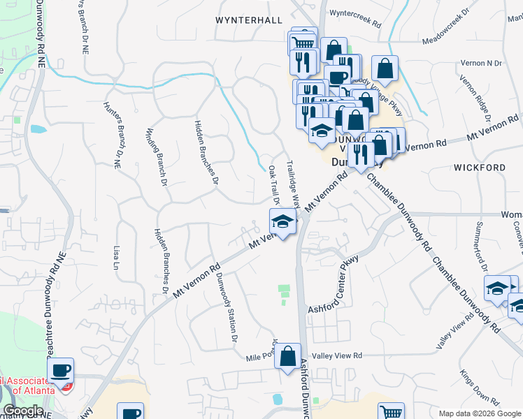 map of restaurants, bars, coffee shops, grocery stores, and more near 4895 Twin Branches Way in Dunwoody