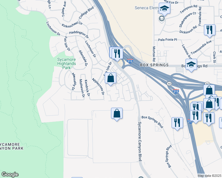 map of restaurants, bars, coffee shops, grocery stores, and more near 5880 Fair Isle Drive in Riverside