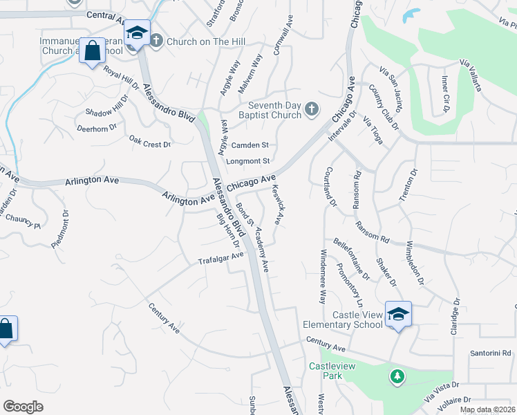 map of restaurants, bars, coffee shops, grocery stores, and more near 6010 Bond Street in Riverside