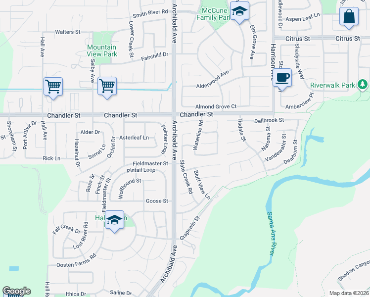 map of restaurants, bars, coffee shops, grocery stores, and more near 7921 Slate Creek Road in Corona